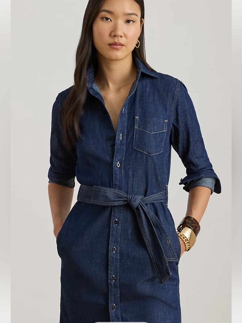 New! Ralph Lauren BLACK LABEL Dark Indigo Denim ShirtDress with Waist Tie size M - Picture 4 of 6